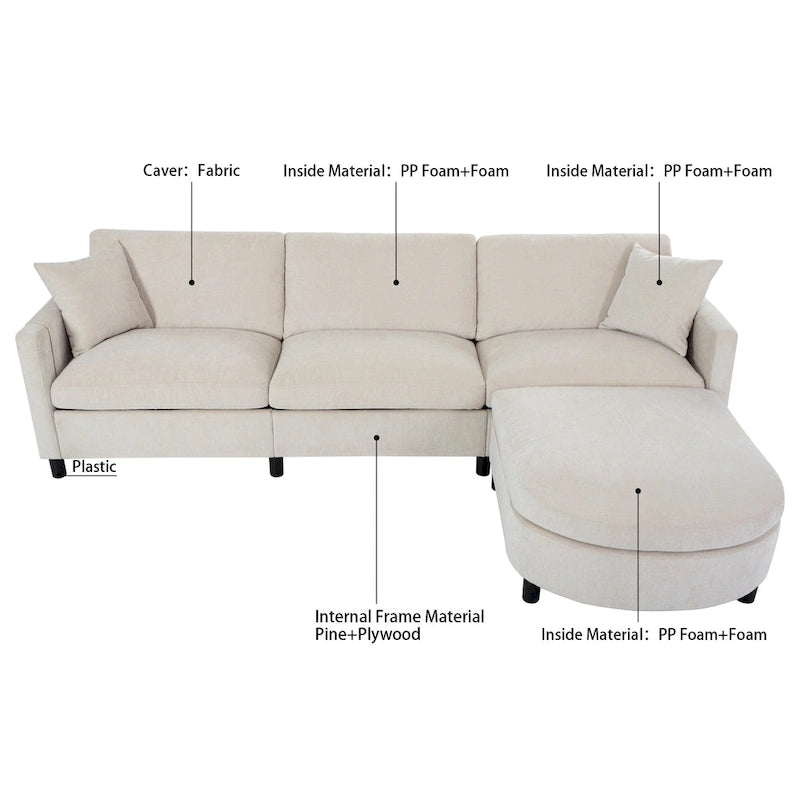 Canapé spacieux 4 places avec pouf mobile Beige 107.87