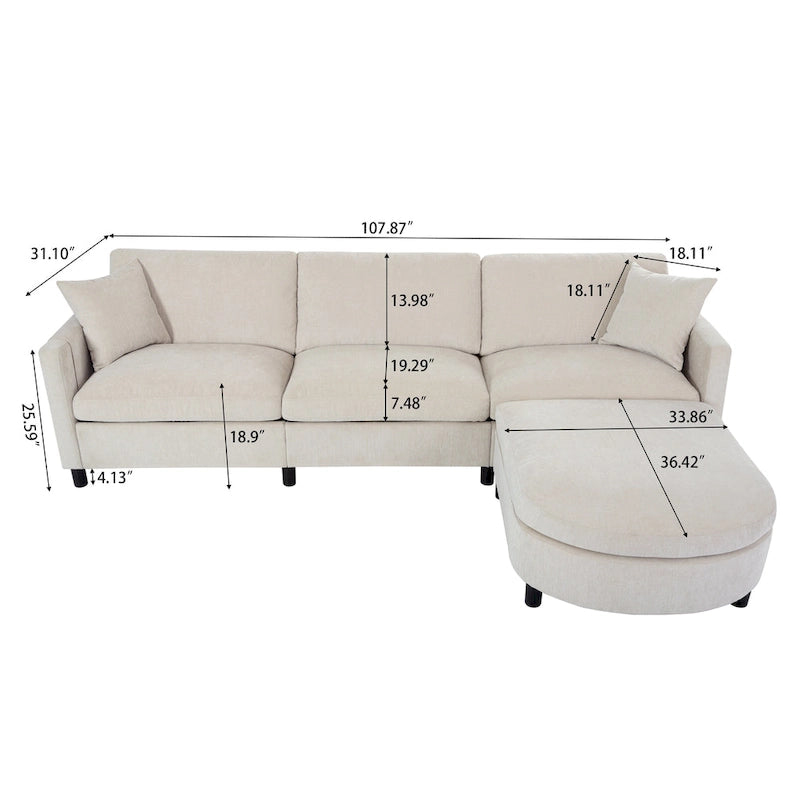 Canapé spacieux 4 places avec pouf mobile Beige 107.87