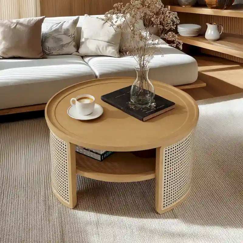 Table basse ronde à deux niveaux en bois de noyer
