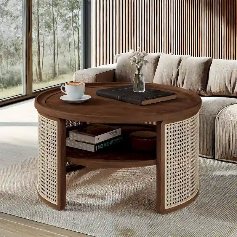Table basse ronde à deux niveaux en bois de noyer