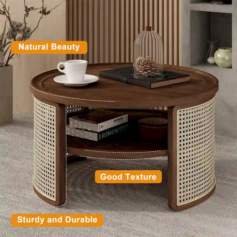 Table basse ronde à deux niveaux en bois de noyer