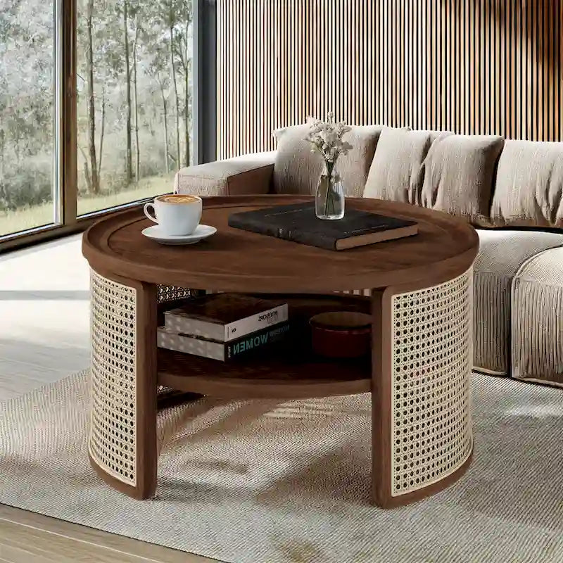 Table basse ronde à deux niveaux en bois de noyer
