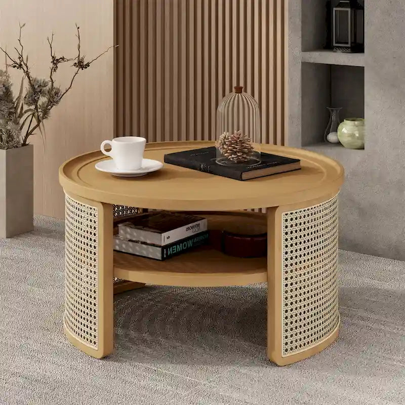 Table basse ronde à deux niveaux en bois de noyer