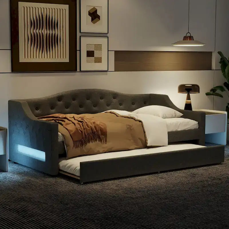 Lit de repos capitonné Twin XL avec bande LED et lit gigogne