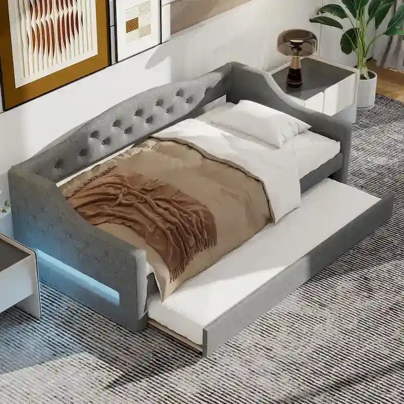 Lit de repos capitonné Twin XL avec bande LED et lit gigogne