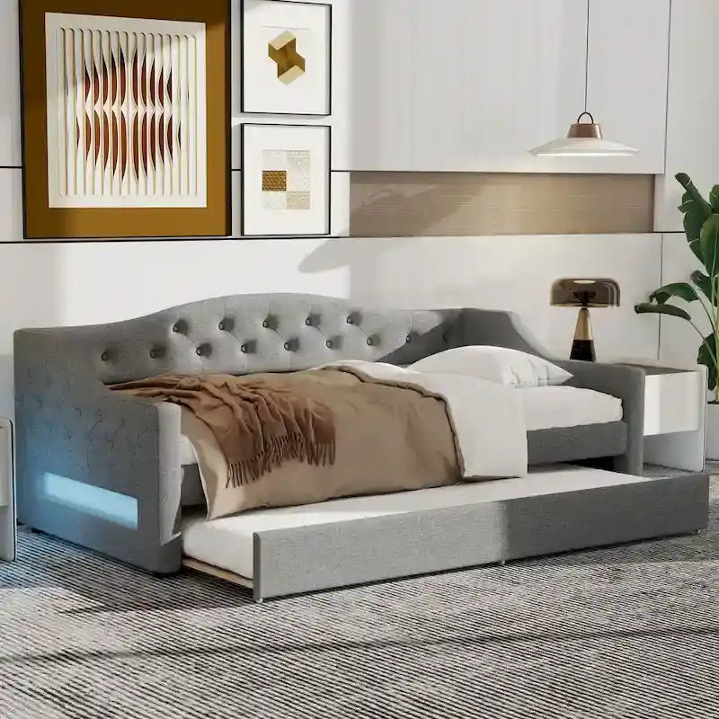 Lit de repos capitonné Twin XL avec bande LED et lit gigogne