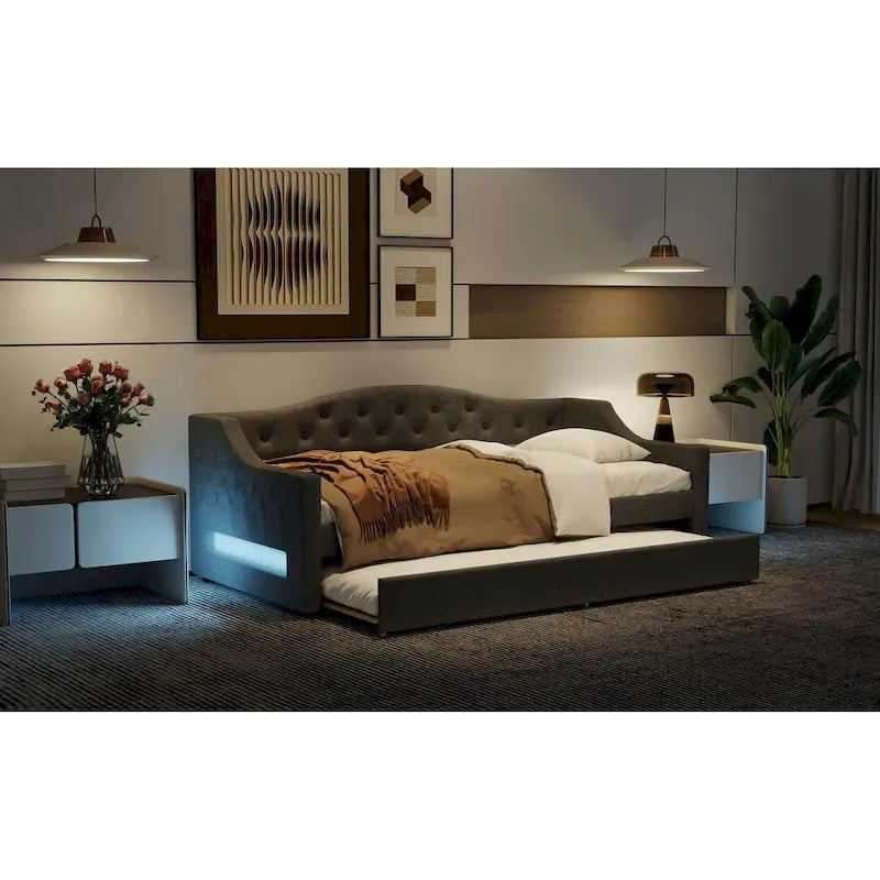 Lit de repos capitonné Twin XL avec bande LED et lit gigogne