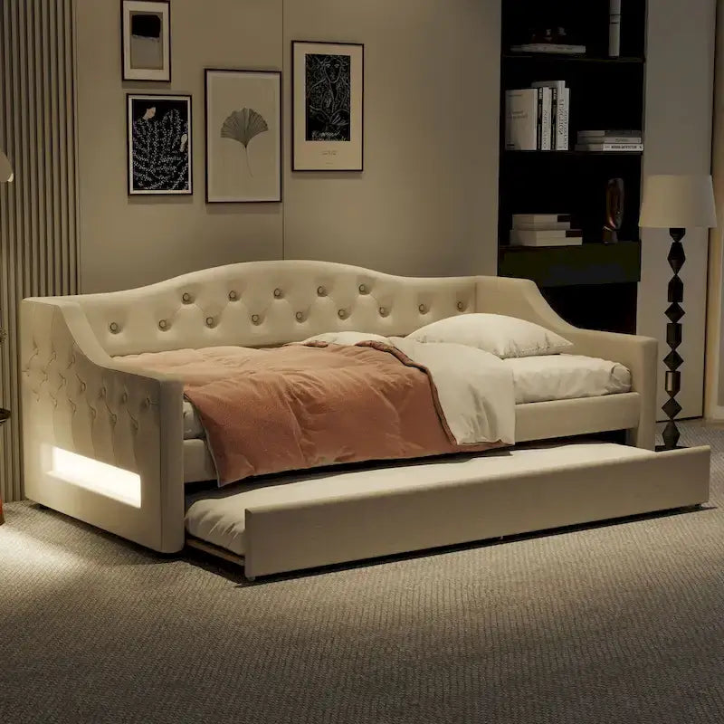 Lit de repos capitonné Twin XL avec bande LED et lit gigogne