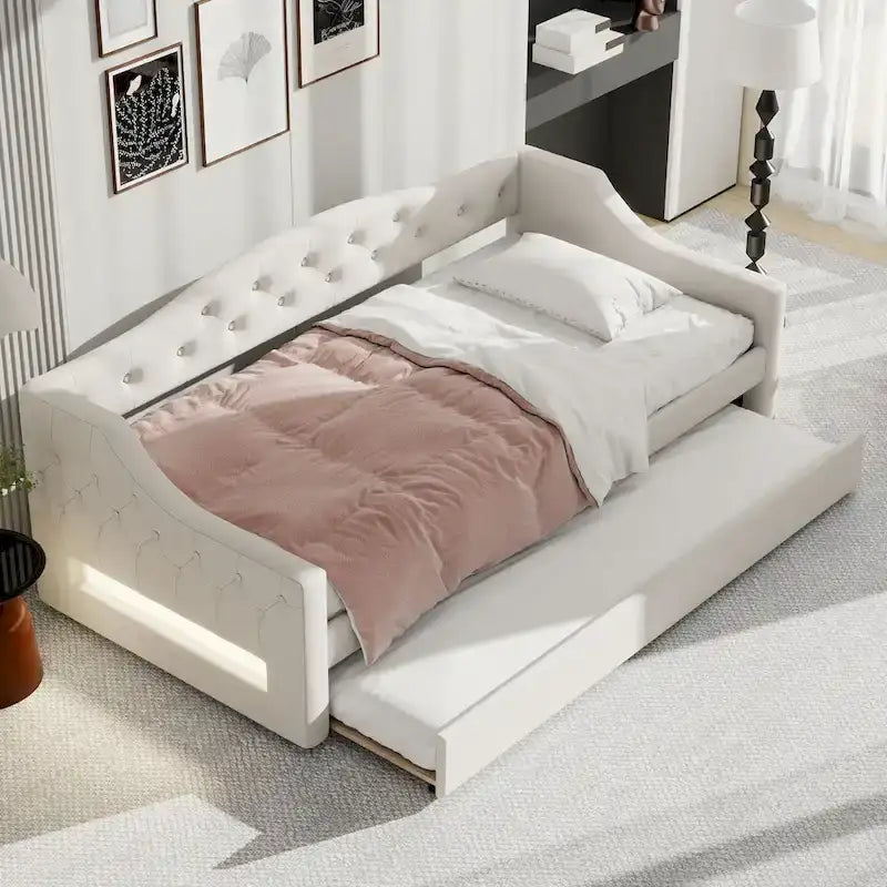 Lit de repos capitonné Twin XL avec bande LED et lit gigogne