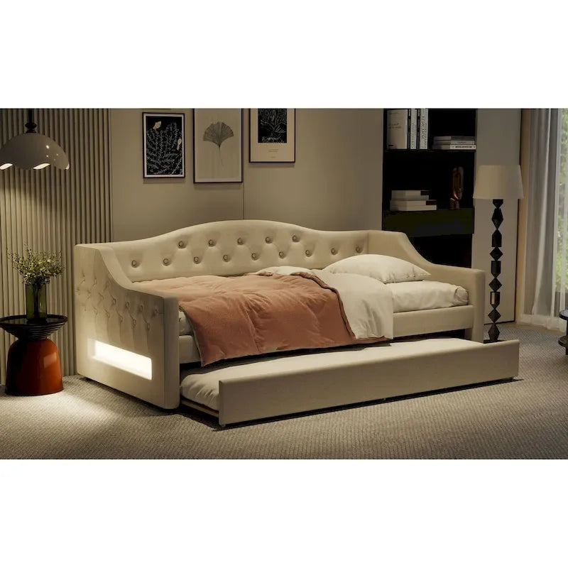 Lit de repos capitonné Twin XL avec bande LED et lit gigogne