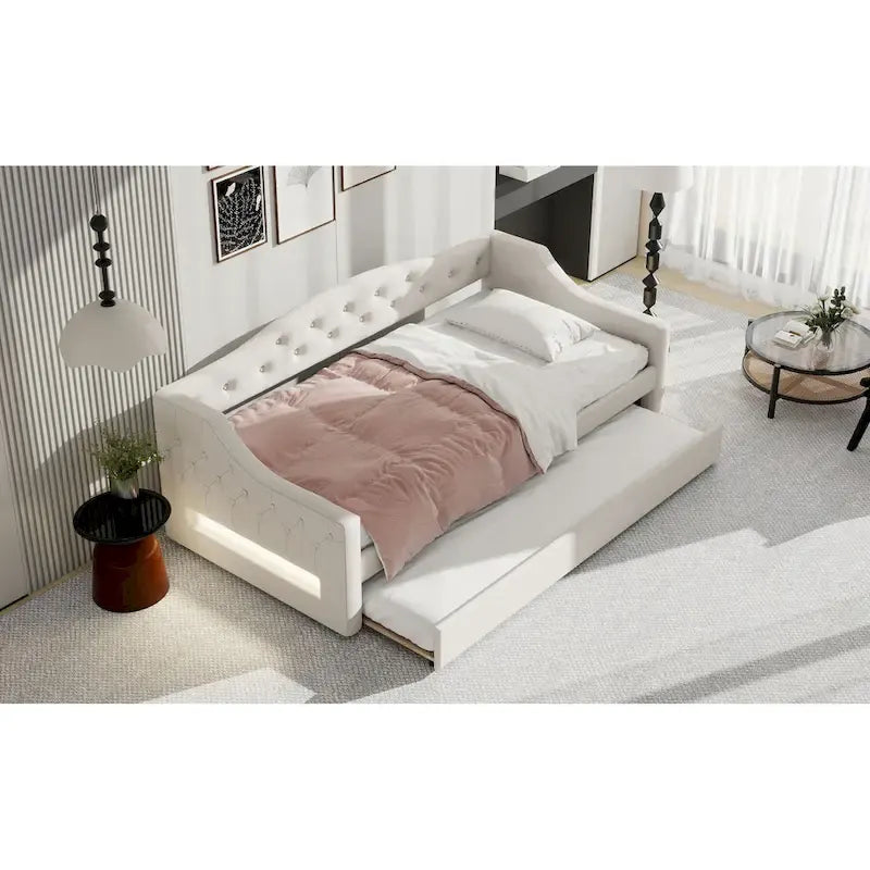 Lit de repos capitonné Twin XL avec bande LED et lit gigogne