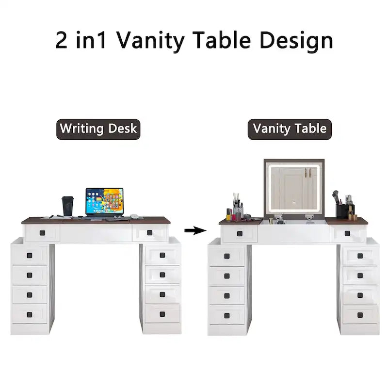Coiffeuse avec lumière LED à intensité variable, table de maquillage avec miroir rabattable, ensemble de coiffeuse comprenant un tabouret et des tiroirs