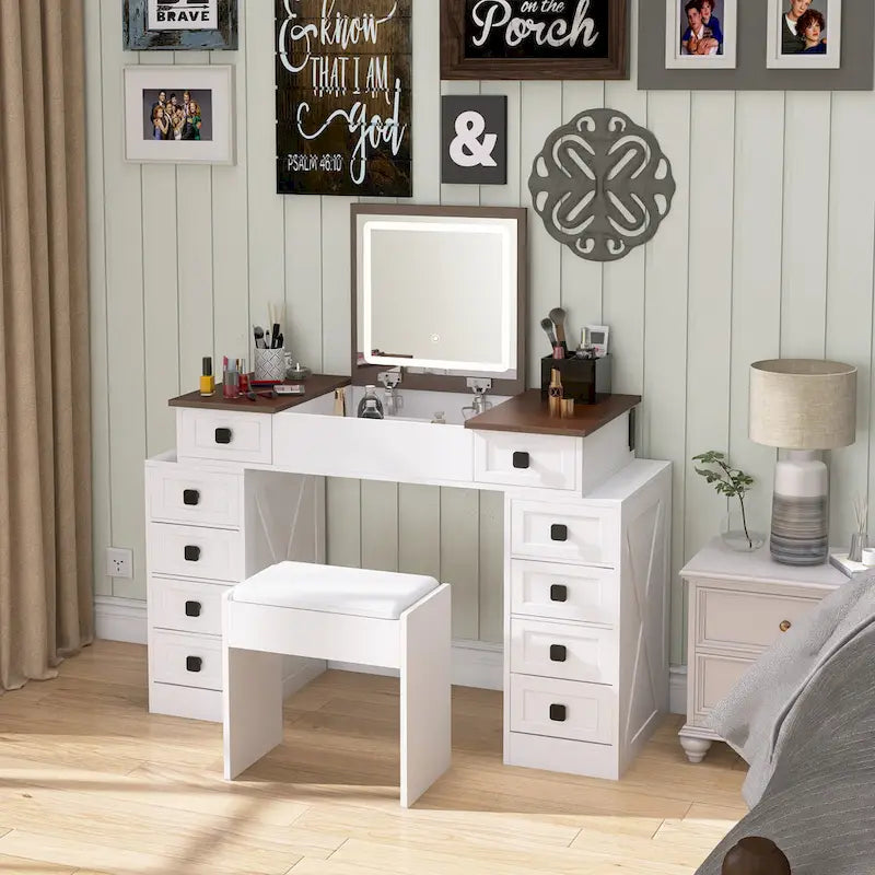 Coiffeuse avec lumière LED à intensité variable, table de maquillage avec miroir rabattable, ensemble de coiffeuse comprenant un tabouret et des tiroirs