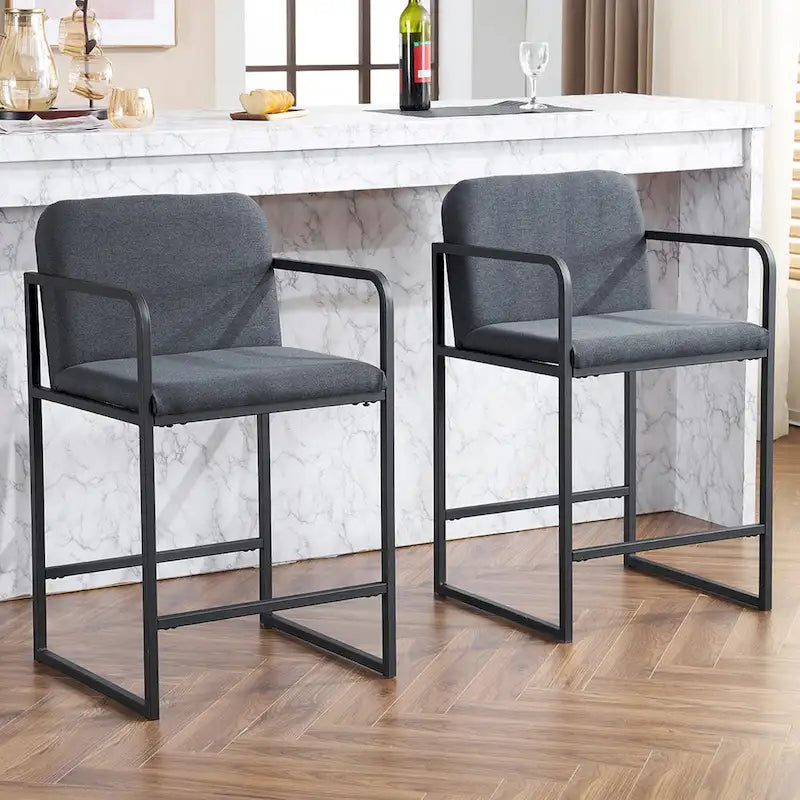 Lot de 2 tabourets de bar à hauteur de comptoir, modernes et rembourrés, avec accoudoirs, structure en métal et assise rembourrée