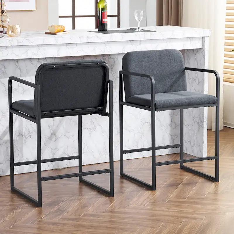 Lot de 2 tabourets de bar à hauteur de comptoir, modernes et rembourrés, avec accoudoirs, structure en métal et assise rembourrée