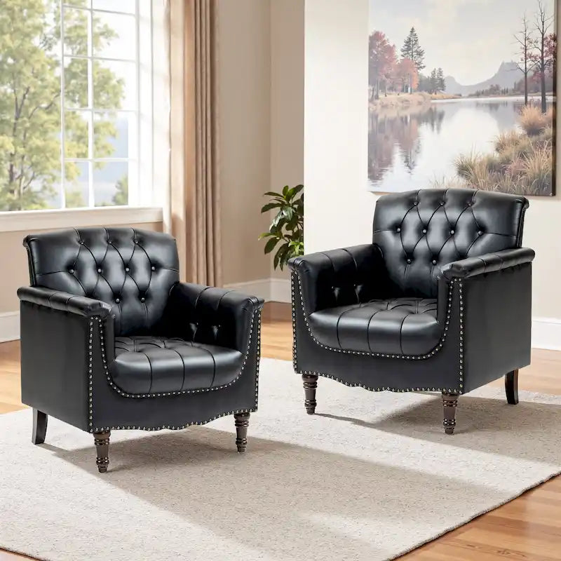 Lot de 2 fauteuils d'appoint capitonnés en cuir végétalien, fauteuil avec clous décoratifs
