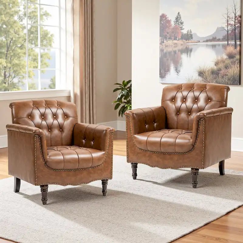 Lot de 2 fauteuils d'appoint capitonnés en cuir végétalien, fauteuil avec clous décoratifs