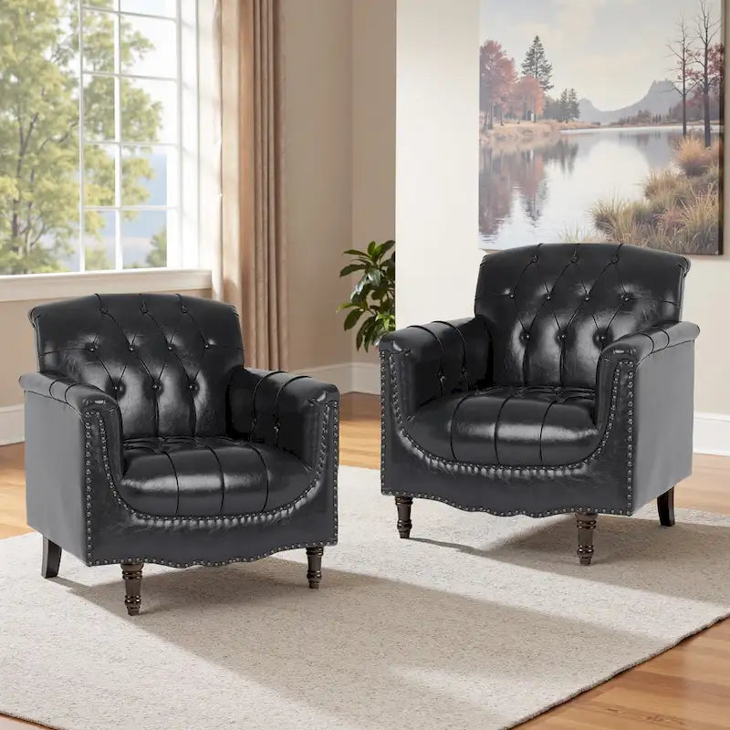 Lot de 2 fauteuils d'appoint capitonnés en cuir végétalien, fauteuil avec clous décoratifs