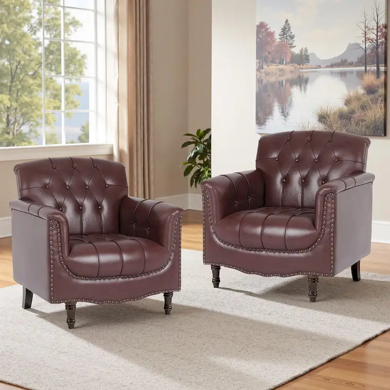 Lot de 2 fauteuils d'appoint capitonnés en cuir végétalien, fauteuil avec clous décoratifs
