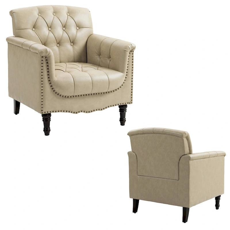 Lot de 2 fauteuils d'appoint capitonnés en cuir végétalien, fauteuil avec clous décoratifs