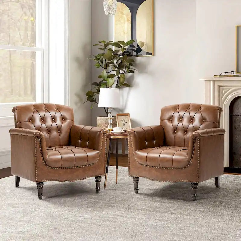 Lot de 2 fauteuils d'appoint capitonnés en cuir végétalien, fauteuil avec clous décoratifs