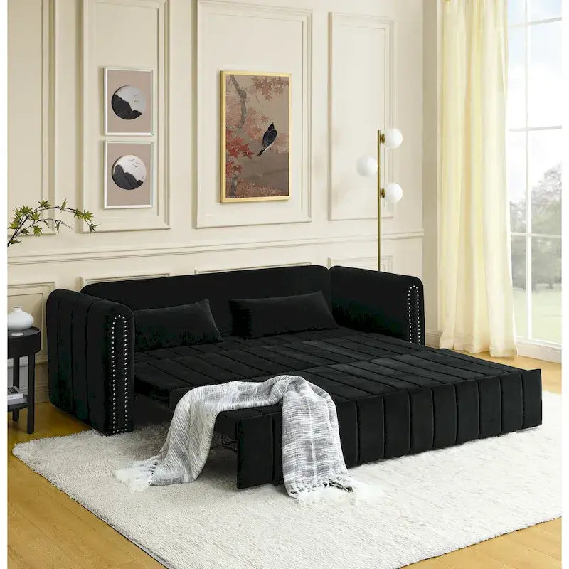 Canapé-lit gigogne 3 en 1 capitonné moderne avec accoudoirs roulés décorés et clous en cuivre, futon convertible 3 places