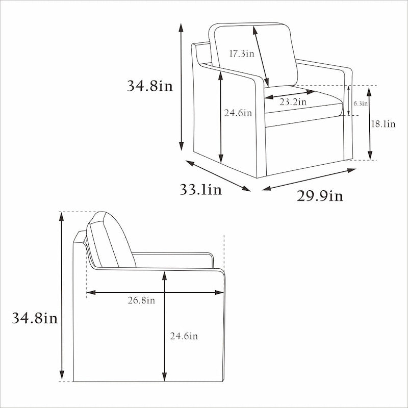 Fauteuil pivotant moderne 29.92 en chenille à 360° avec cadre en bois massif et coussin de dossier amovible