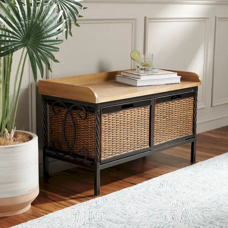 Banc de rangement en étain antique/frêne clair