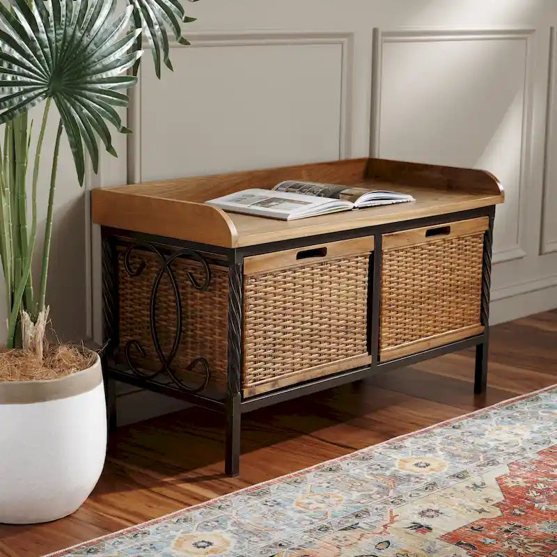 Banc de rangement en étain antique/frêne clair