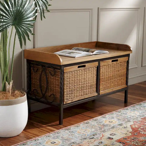 Banc de rangement en étain antique/frêne clair