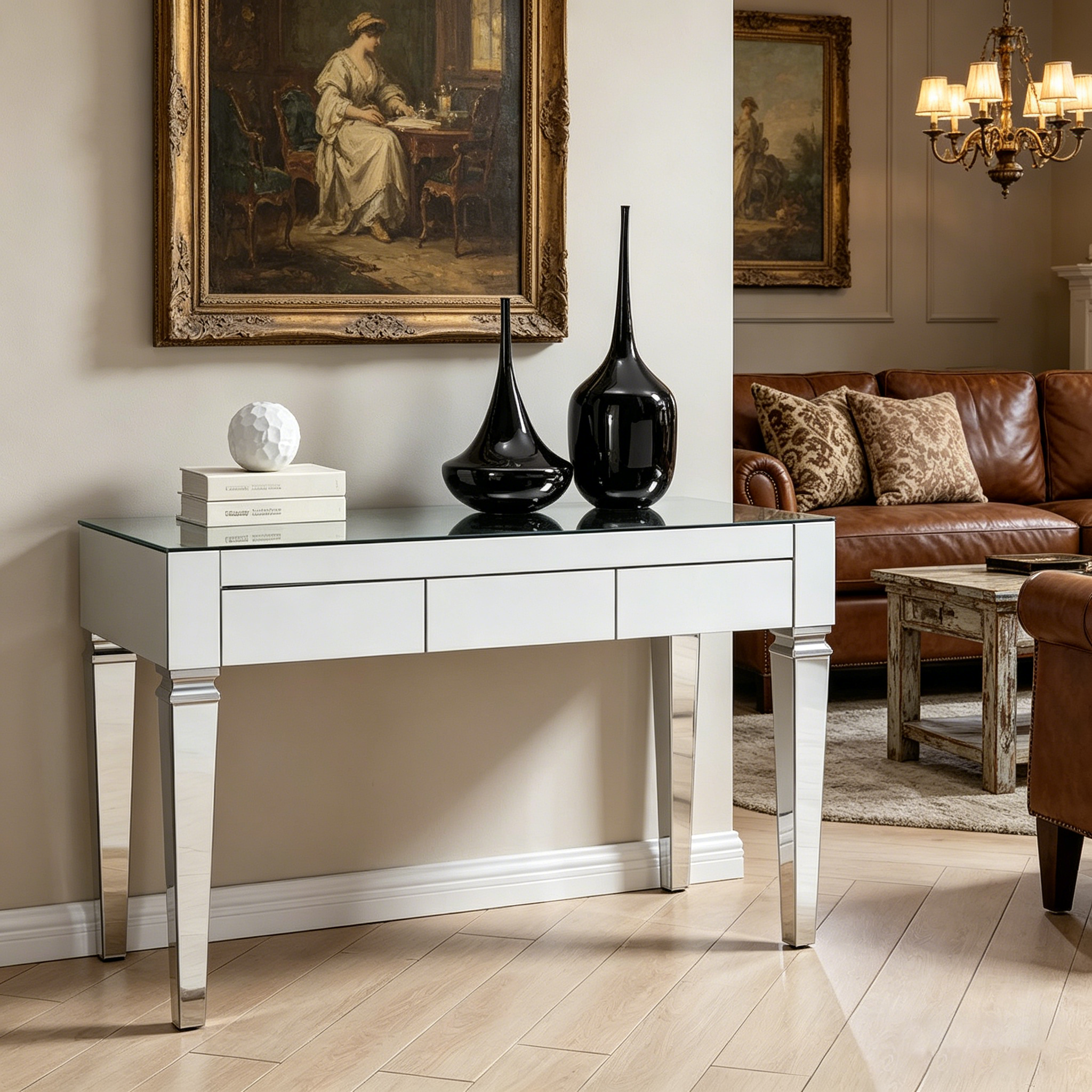 Bureau miroir argenté - trois tiroirs avec intérieur en velours