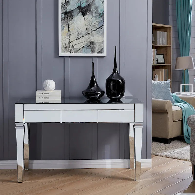 Bureau miroir argenté - trois tiroirs avec intérieur en velours