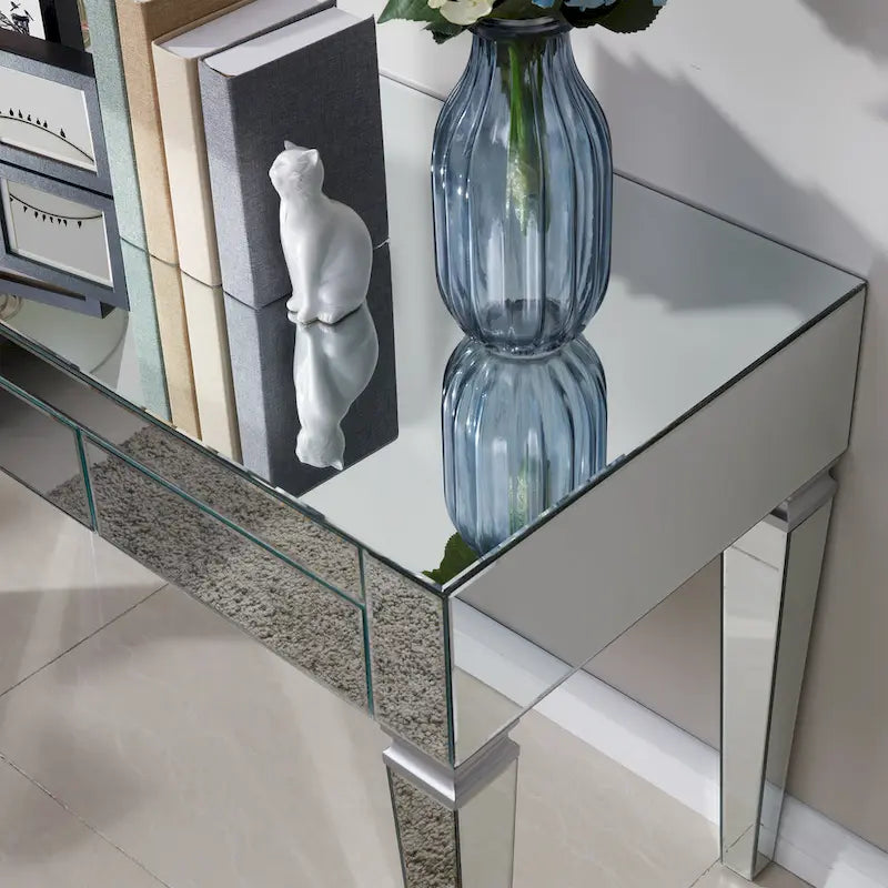 Bureau miroir argenté - trois tiroirs avec intérieur en velours