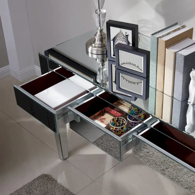Bureau miroir argenté - trois tiroirs avec intérieur en velours