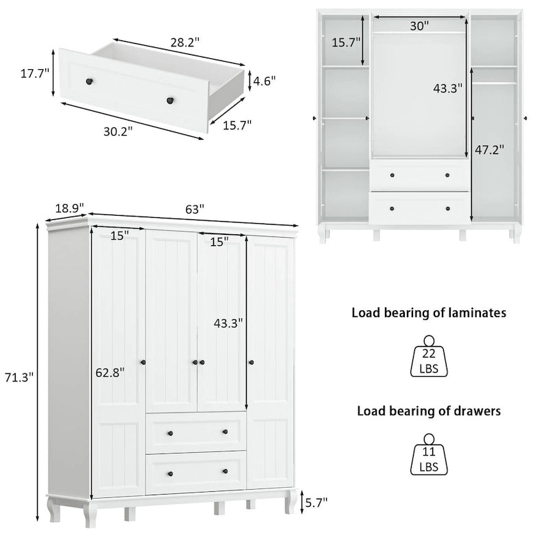 Armoire traditionnelle en bois à 2 tiroirs, finition laquée blanche