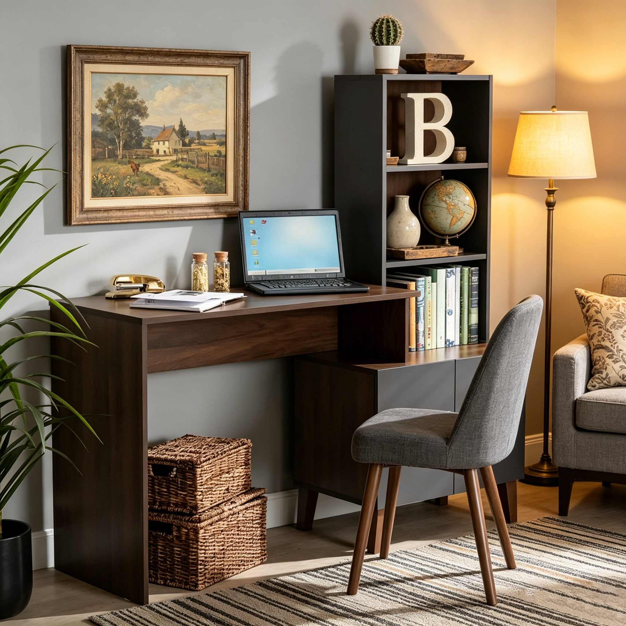 Bureau de rangement Jaeger bicolore marron et gris foncé en bois avec étagères