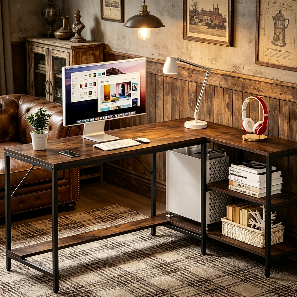 Bureau d'angle avec étagères de rangement, bureau d'angle avec huche