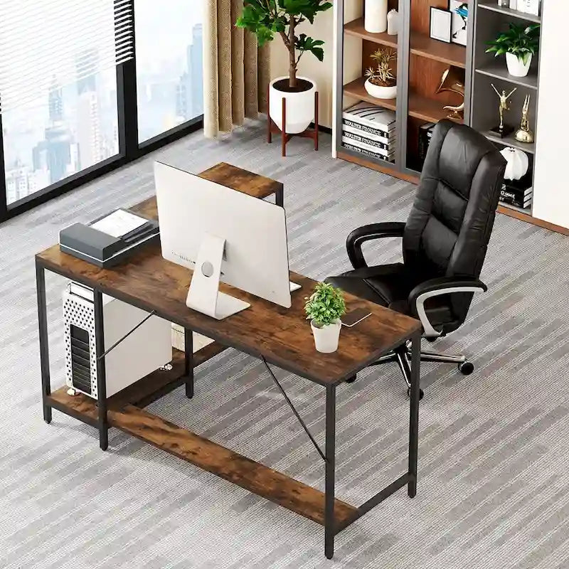 Bureau d'angle avec étagères de rangement, bureau d'angle avec huche