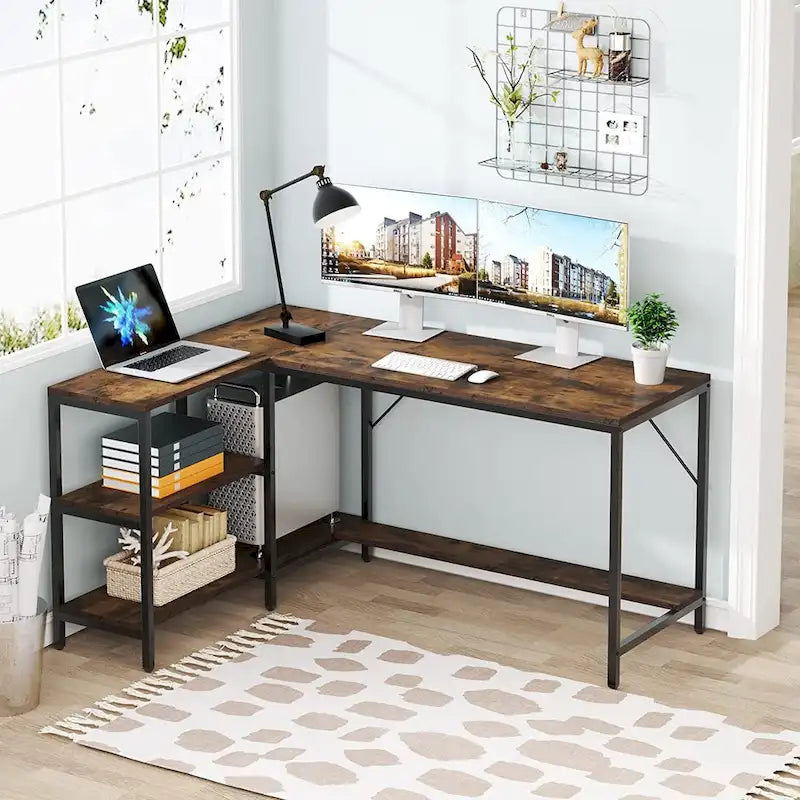 Bureau d'angle avec étagères de rangement, bureau d'angle avec huche