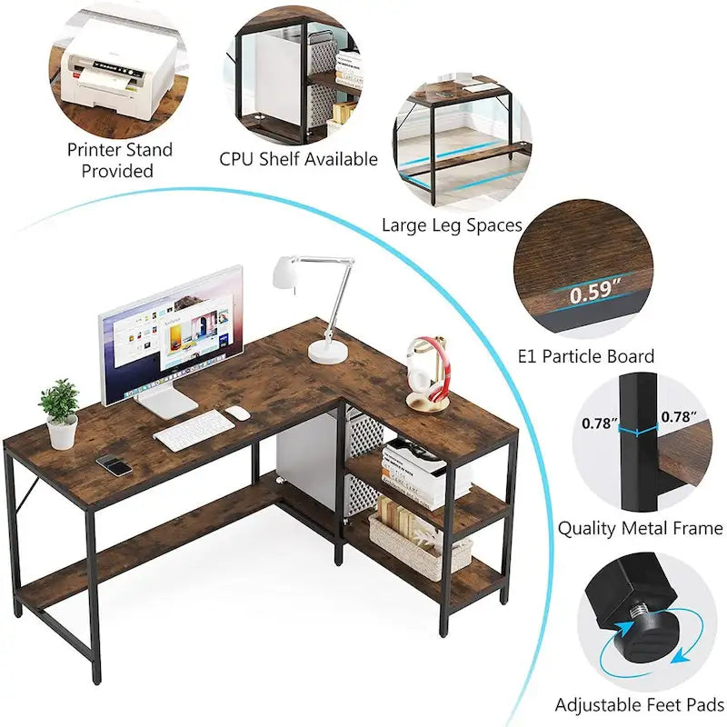 Bureau d'angle avec étagères de rangement, bureau d'angle avec huche