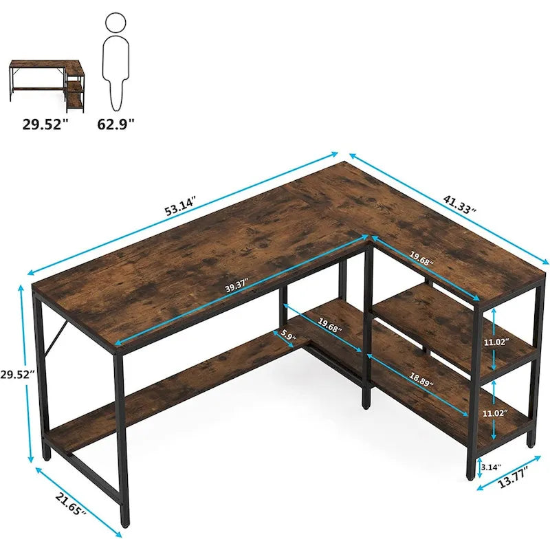 Bureau d'angle avec étagères de rangement, bureau d'angle avec huche
