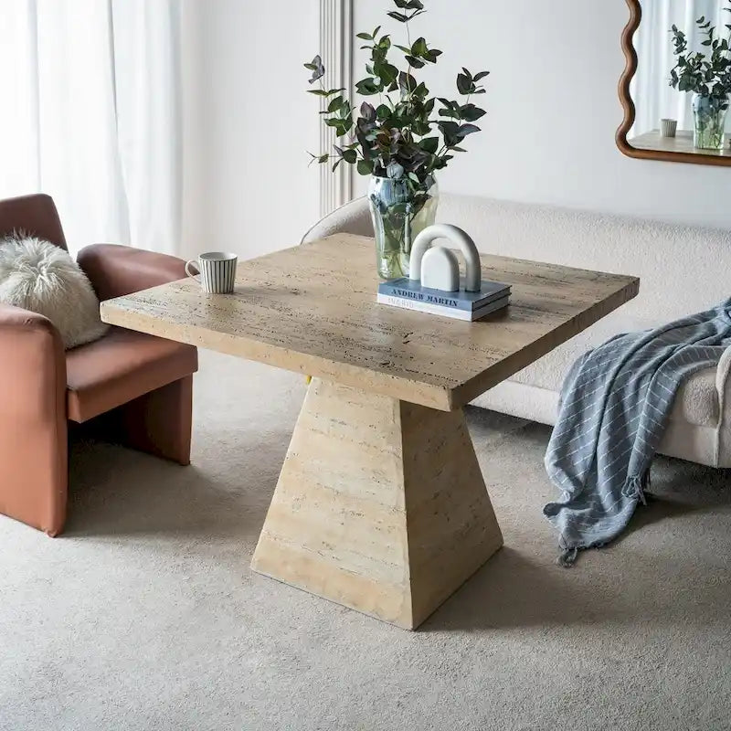 Table de salle à manger carrée en ciment avec pied central