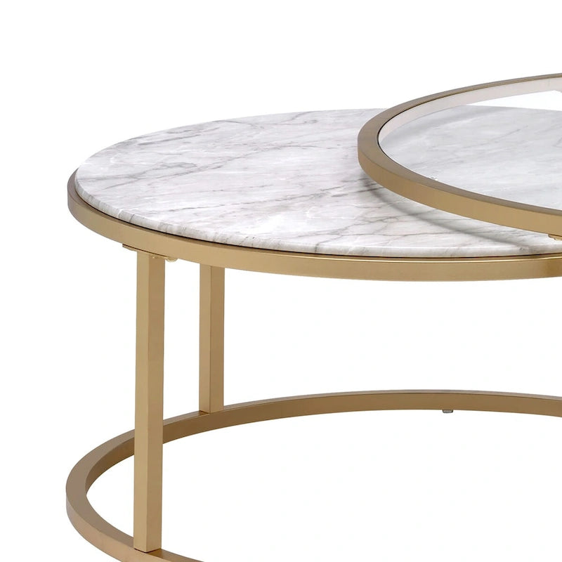 Tables basses gigognes à cadre métallique avec plateaux en verre et marbre, lot de deux, doré - 15,75 H x 36 L x 36 P pouces