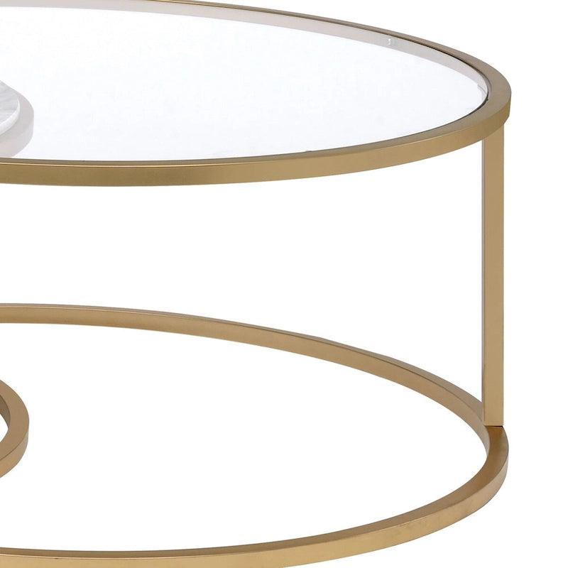 Tables basses gigognes à cadre métallique avec plateaux en verre et marbre, lot de deux, doré - 15,75 H x 36 L x 36 P pouces