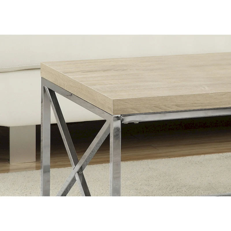 Table basse design contemporain en métal chromé avec finition aspect bois naturel
