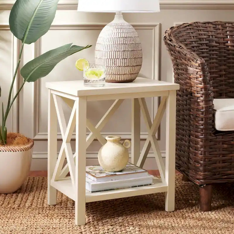 SAFAVIEH Yasumi White Cross Back End Table - 18.1  x 13.4  x 21.5  - 18Wx13Dx22H