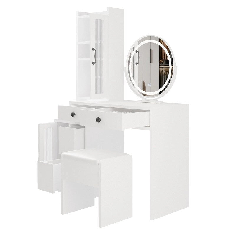 Coiffeuse avec prise électrique et miroir LED tricolore