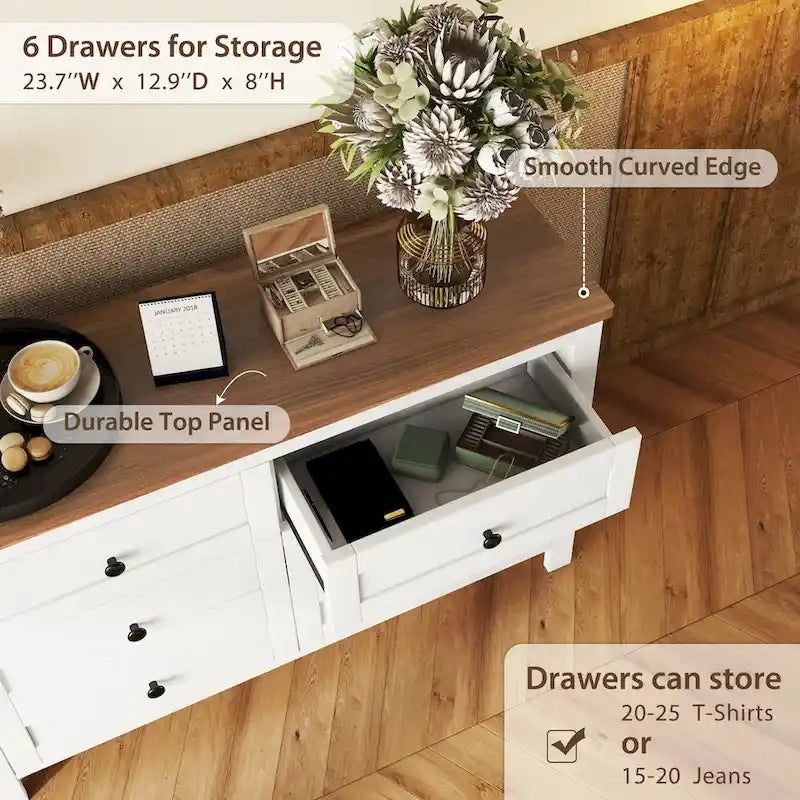 Commode en bois de style ferme rétro avec 6 tiroirs, meuble de rangement pour chambre à coucher