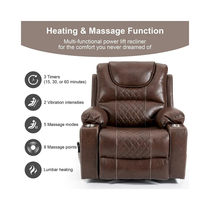 Fauteuil inclinable releveur en cuir PU avec massage et chauffage pour personnes âgées
