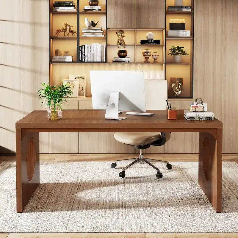 63  Computer Office Desk, Industrial Executive Desk, Rectangular Sturdy Writing Table with Wooden Tabletop for Home Office
